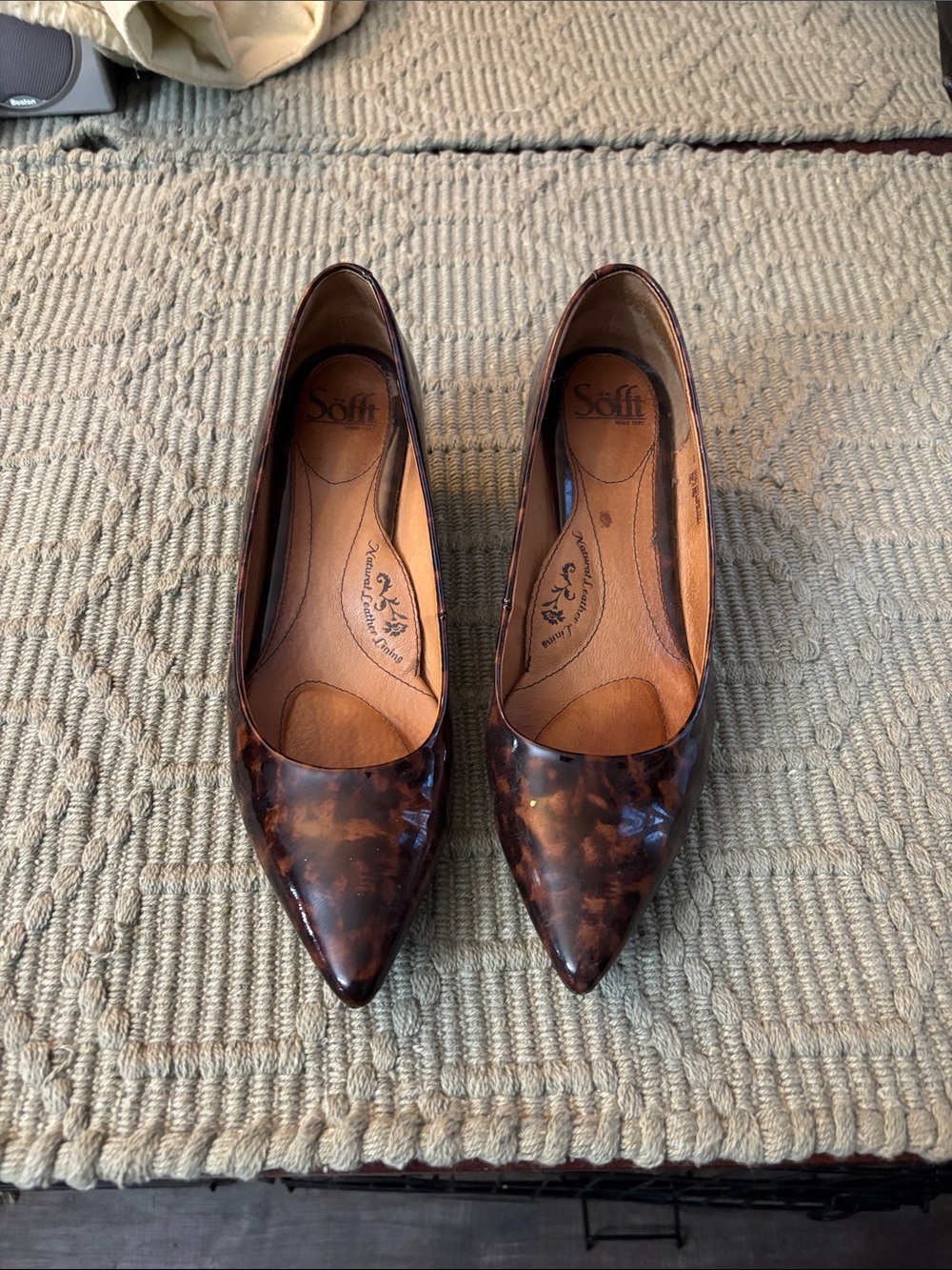 Sofft Tortoiseshell Brown Pointed-Toe Patent Pumps